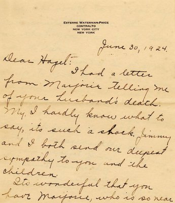Letter from Esterre Waterman-Price to Hazel Shipman, June 30, 1924